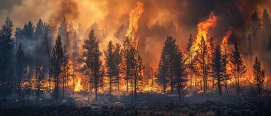 A raging forest fire rages out of control, with towering flames and billowing smoke consuming the trees in a terrifying, unforgiving display of nature's destructive power.