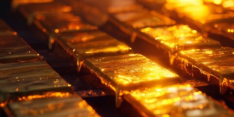This image captures a stack of luminous gold bars with reflections, implying wealth and luxury in an atmospheric dark environment