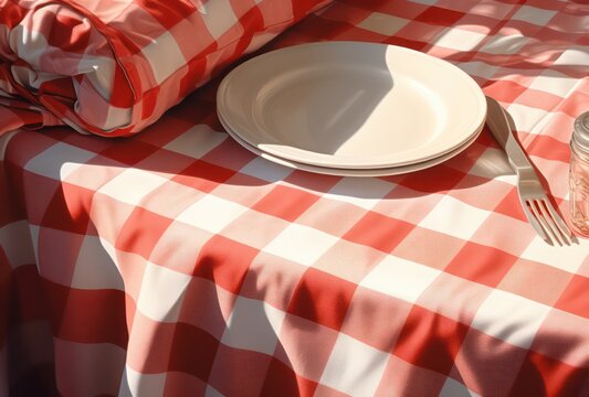 red and white checkered tablecloth with plates and glasses