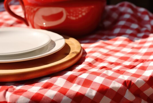 red and white checkered tablecloth with plates and glasses
