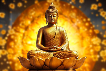 Obraz premium A gold statue of a Buddha is sitting on a table.