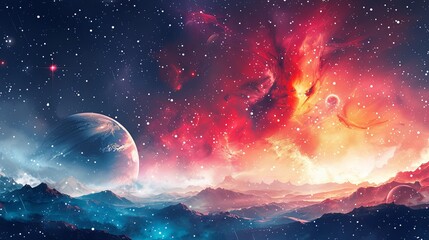 A tranquil space scene with a vivid planet and stars set against a nebulous backdrop.