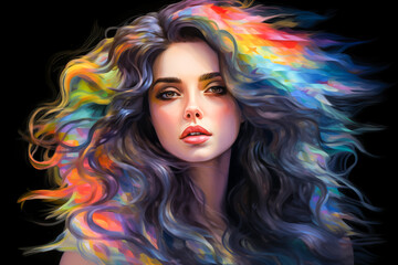 A young and beautiful woman with long rainbow colors hair. - 787319695