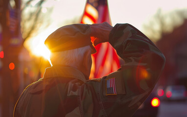 A respectful elderly veteran in military uniform salutes the American flag in a solemn Memorial Day ceremony, embodying patriotism and honor.
