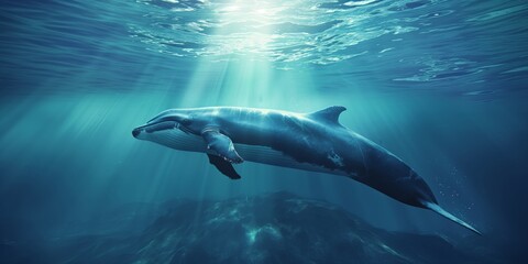 Naklejka premium A serene underwater scene with a humpback whale and sun light filtering through water