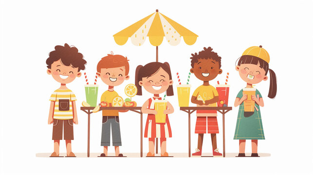 A scene depicting American children at a lemonade stand grinning as they serve their homemade drink