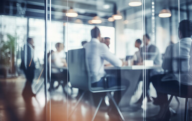 Office Workspace with Glass Partition and Blurred Workers - Professional Environment, Corporate Setting, Privacy Concept.