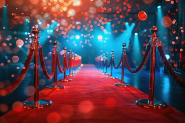 Red carpet and velvet ropes at the entrance to an event. Generate AI image - obrazy, fototapety, plakaty