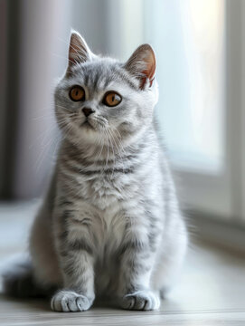 Front picture of a very cute solid color silver gradient cat in the room, HD picture for business. AI generative enhances feline beauty.