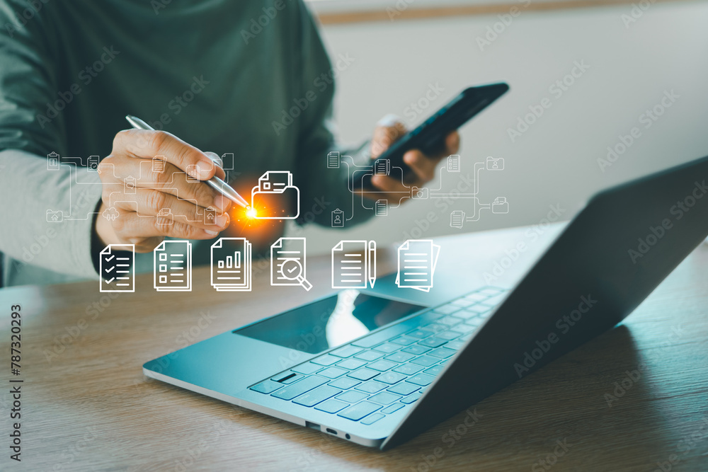 Poster businessman using laptop with approve document icon on virtual screen for business process workflow 