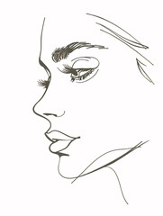 A single black line drawing of a womans face with a confident gaze and strong jawline simple and elegant on a white background