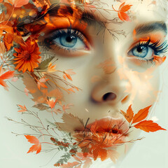 Beautiful woman face with autumn leaves and flowers. Fashion art photo.