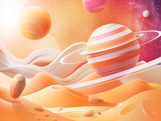 3D Effect Abstract Dimensions Space Poster, Spacecraft, Earth, Saturn, Martian Surface, Abstract Geometric Shapes Background 