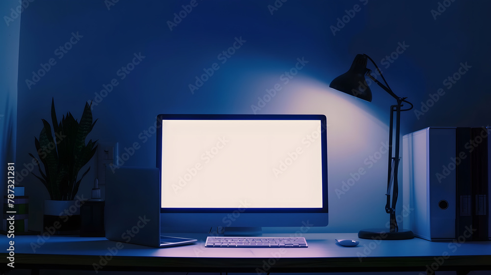 Fototapete Mock up Copy Space Blank Screen workspace with computer laptop on table : Generative AI