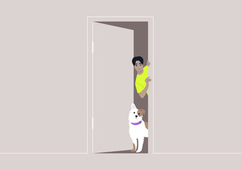 A Curious Glimpse From Behind a Doorway, A dog and their owner exchange playful looks around an ajar door
