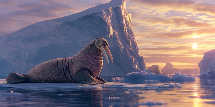 A serene image capturing a walrus resting on ice against a picturesque Arctic sunset backdrop