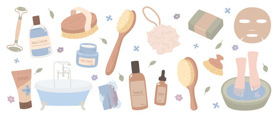 Set of items on the topic of body care, hygiene, skin care and spa treatments.