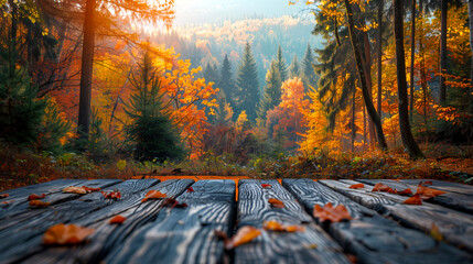 Wooden table with autumn leaves in the park. Autumn background.