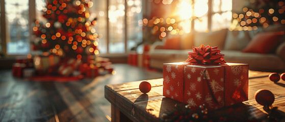 Close-up of a wrapped gift on the edge of a wooden table against the blurry background of a bright living room with Christmas decor on a sunny day. Christmas.