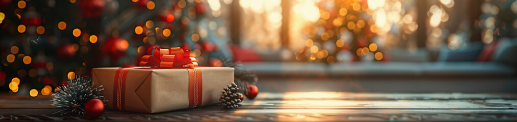 Close-up of a wrapped gift on the edge of a wooden table against the blurry background of a bright living room with Christmas decor on a sunny day. Christmas. - Powered by Adobe