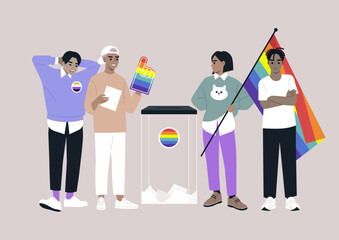 Empowerment at the Polls, LGBTQ Community Casting Votes for Equality, Members of the queer family stand united by a ballot box, engaging in the democratic process