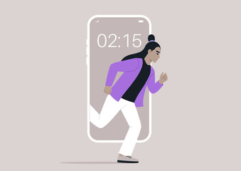 Digital Sprint Into Reality, a character Escaping the Confines of Technology, A person dashes out from a mobile phone screen into the tangible world