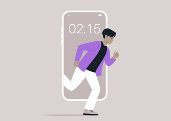 Digital Sprint Into Reality, a character Escaping the Confines of Technology, A person dashes out from a mobile phone screen into the tangible world
