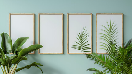 Poster mockup with a green plant and wooden frames on white interior, generative Ai