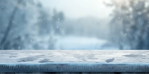 A wintry scene captures freshly fallen snow over a table against a backdrop of snowflakes and bare trees in the distance - obrazy, fototapety, plakaty