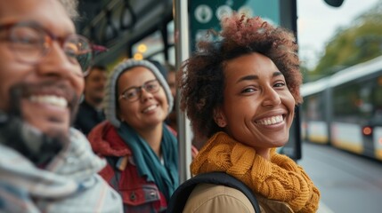 A picture of a diverse group of people smiling and chatting while waiting for a biofuelpowered bus to arrive. The bus stop sign proudly displays the use of renewable energy emphasizing . - obrazy, fototapety, plakaty