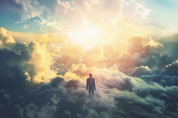 A small lonely figure of a man stands in the heaven in the clouds. Faith, religion god....