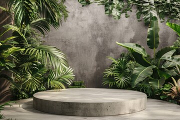 Blank Stone Podium for Product Display with Tropical Forest Plant Leaves, Natural Green Background