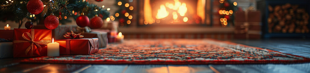 Close-up of gifts under the Christmas tree on the side of the living room on the blurred background of a bright living room with a fireplace with Christmas decor on a sunny day. Christmas. 