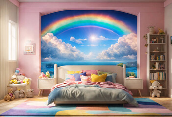Children's bedroom with a painted wall behind the bed. Colorful rainbow in clouds on wall.