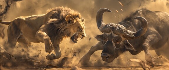 A fierce battle between a lion and buffalo enveloped in dust with intense action and dynamic movement