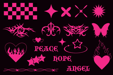 3D wireframe 00s style. 3D Wireframe Y2K. Retro cyberpunk style.Set of retro-futuristic elements