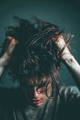 a madman tears out the hair on his head. selective focus. - obrazy, fototapety, plakaty