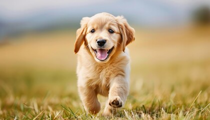 Playful puppy frolicking on lush green grass field, delightful pet running joyfully