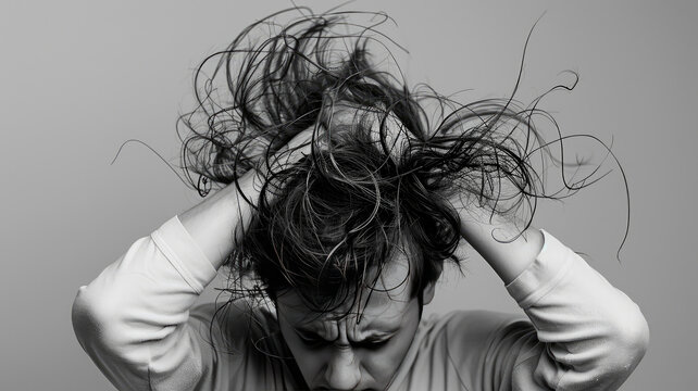 a madman tears out the hair on his head. selective focus.