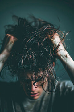 a madman tears out the hair on his head. selective focus.