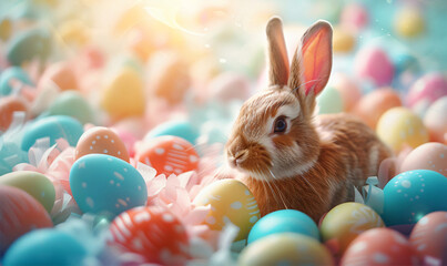 Easter bunny sitting on easter eggs 