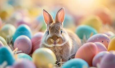 Easter bunny sitting on easter eggs 
