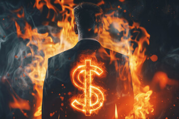 A man in a business suit, a banker and a businessman, stands with his back to the viewer against the backdrop of a burning dollar sign.