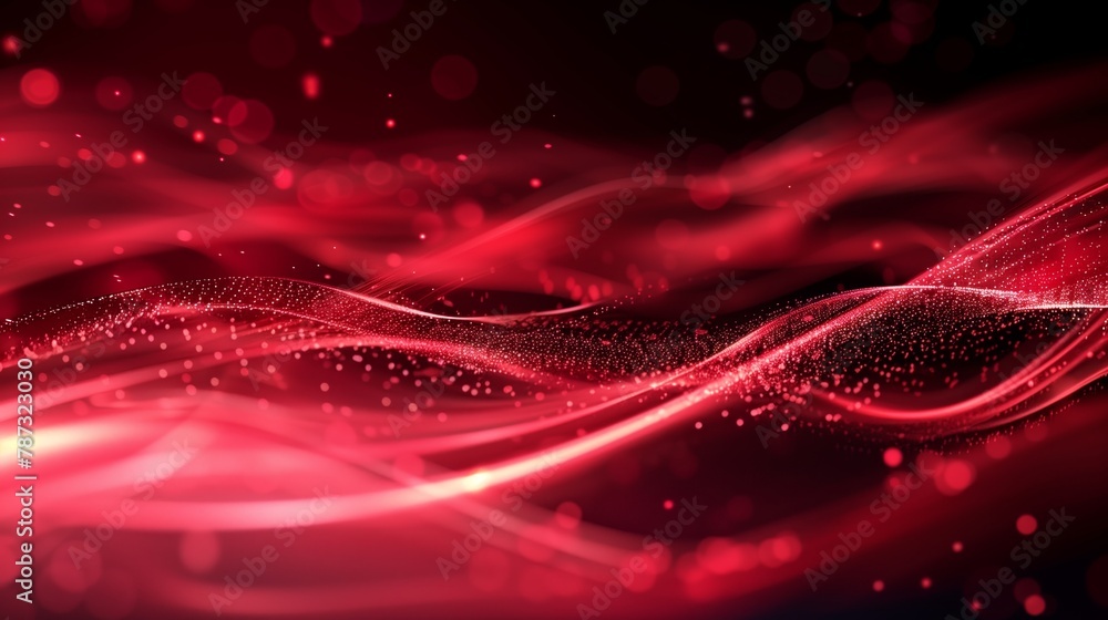 Poster red glowing particles wave on dark background. abstract red waves and swirls with bokeh lights. flow