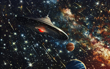 Ufo ship in outer space against the background of galaxies and stars