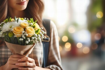 A woman is holding a bouquet yellow flowers