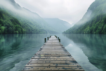Serene Lake Retreat: A picturesque landscape with a wooden pier stretching into the calm waters, surrounded by lush forests and distant mountains under a clear blue sky - obrazy, fototapety, plakaty