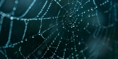 Macro shot of a dew-covered intricate spiderweb glistening with water droplets against a dark, blurred background