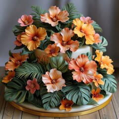 A cake decorated with orange and pink hibiscus flowers and green leaves.