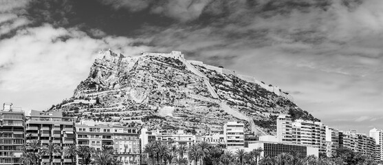 Alicante, Spain: Santa Barbara castle; hilltop medieval castle in black and white - 787323697